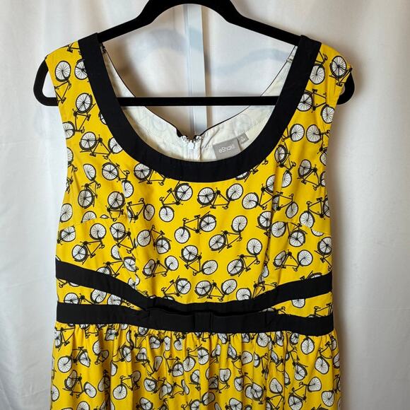 eShakti Sleeveless Fit & Flare Bicycle Print Dress Yellow Black Bow Waist 1X 18W - Picture 3 of 6
